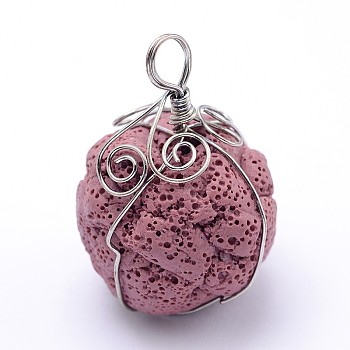 Irregular Synthetic Lava Rock Big Pendants, with Platinum Plated Brass Findings, Dyed, Flamingo, 48x31x33mm, Hole: 6.5mm