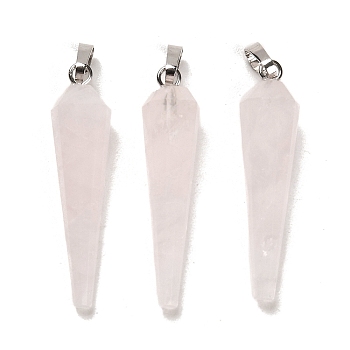 Natural Rose Quartz Pointed Pendants, Faceted Cone Charms with Platinum Plated Barss Snap on Bails, 35~35.5x8~8.5mm, Hole: 6.5x4mm