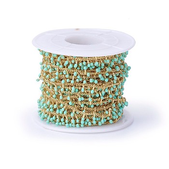 Handmade Enamel Beaded Chains, with Brass Curb Chains, Soldered, with Spool, Long-Lasting Plated, Real 18K Gold Plated, Aquamarine, 5.5x1.5~2mm, about 32.8 Feet(10m)/roll