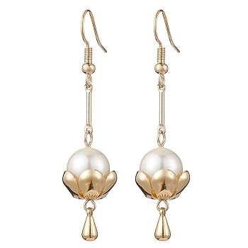 304 Stainless Steel Lotus Dangle Earrings, Shell Pearl Long Drop Earrings, Golden, 53x12mm
