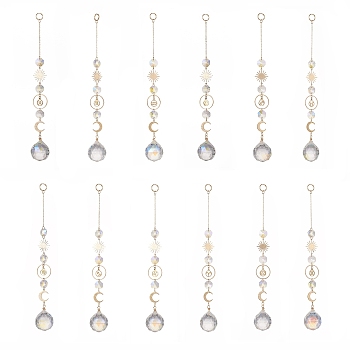 Glass Teradrop Hanging Suncatchers, Brass 12 Constellations Pendant Decorations, Golden, 240~250mm, 12pcs/set