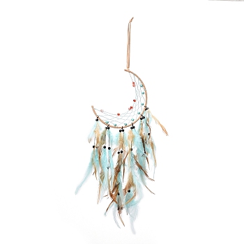 Moon Woven Net/Web with Feather Pendant Decoration, Tassel Wall Hanging Decoration, for Home Bedroom Car Ornaments Birthday Gift, Pale Turquoise, 640mm