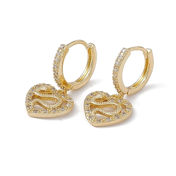 Clear Cubic Zirconia Heart with Snake Dangle Hoop Earrings, Brass Drop Earrings for Women, Real 18K Gold Plated, 27mm, Pin: 0.7mm
