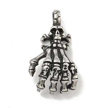 316 Surgical Stainless Steel Pendants, Skeleton Hand Charm, Antique Silver, 34.8x19.5x11mm, Hole: 5.5x5mm