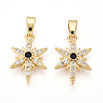 Brass Micro Pave Cubic Zirconia Pendants, Star Charms, Cadmium Free & Lead Free, Real 18K Gold Plated, Black & Clear, 15.5x10.5x3mm, Hole: 2x5~5.5mm(KK-T070-59A-G)