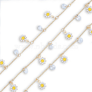Handmade Crystal Rhinestone & Enamel Flower Charms Chains, with Golden Brass Bar Link Chains, Unwelded, with Spool, Nickel Free, Yellow, 4x2x0.5mm, about 16.40 Feet(5m)/Roll(CHC-N021-03)