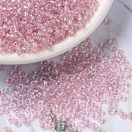 MIYUKI Round Rocailles Beads, Japanese Seed Beads, Fancy Lined Soft, (RR3639) Fancy Lined Soft Pink, 8/0, 3mm, Hole: 1mm, about 422~455pcs/bottle, 10g/bottle(SEED-JP0009-RR3639)