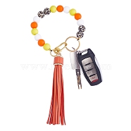Silicone Round Beaded Keychain with Imitation Leather Tassel, with Alloy Swivel Clasps and 304 Stainless Steel Split Key Rings, Chocolate, 25cm(KEYC-SW00005-03)