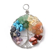 Natural & Synthetic Gmestone Copper Wire Big Pendants, Natural Amethyst & Green Aventurine & Citrine & Lapis Lazuli & Red Jasper & Red Aventurine, Synthetic Howlite, Mixed Dyed and Undyed, Tree, Silver, 54.5~55x42x8.5~9.5mm, Hole: 5.5~6.5mm(PALLOY-JF01433-03)