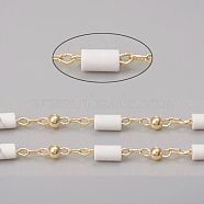 Handmade Natural Howlite Beaded Chains, Real 18K Gold Plated Plated Brass Chains, Soldered, with Spool, Long-Lasting Plated, 4~5x2~2.5mm, Beads: 2mm, Link: 2x1x0.2mm and 2x1.5x0.2mm, about 32.8 Feet(10m)/roll(CHC-E021-01G)
