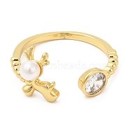 Plastic Pearl Christmas Deer Open Cuff Ring with Cubic Zirconia, Rack Plating Brass Ring, Cadmium Free & Lead Free, Real 18K Gold Plated, Inner Diameter: 18mm(RJEW-R139-01G)