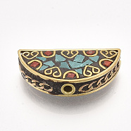 Handmade Indonesia Beads, with Brass Findings, Half Round, Golden, Dark Turquoise, 16x30x7mm, Hole: 2mm(X-IPDL-S053-192)