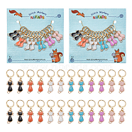 Cat Alloy Enamel Pendant Locking Stitch Markers, 304 Stainless Steel Leverback Earring Stitch Marker, Mixed Color, 3.7cm, 6 colors, 2pcs/color, 12pcs/set(HJEW-AB00103)