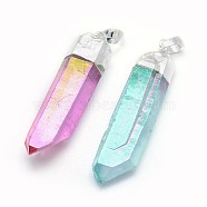 Faceted Natural Quartz Crystal Pointed Pendants, with Brass Finding, AB Color Plated, Bullet, Silver Color Plated, Mixed Color, 42~49x10~13x8~11mm, Hole: 5x8mm(G-F582-I)