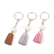 Faux Suede Cord Tassel Keychain, with Wood Beads and Metal Findings, Faceted Polygon, Mixed Color, 105~108mm, Tassel: 32~36x12~15mm(KEYC-JKC00165-M)