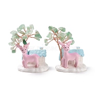 Natural Green Aventurine Tree Display Decoration, Resin House with Christmas Reindeer Feng Shui Ornament for Wealth, Luck, Rose Gold Brass Wires Wrapped, 40~41x44x67mm(DJEW-G030-01RG-03)