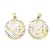 Brass Micro Pave Clear Cubic Zirconia Pendants, with Synthetic Opal and ABS Plastic Pearl, Real 18K Gold Plated, Flat Round with Twelve Constellations Charms, Scorpio, 23x20x2.5mm, Hole: 4.5x3mm(KK-L213-010G-01)