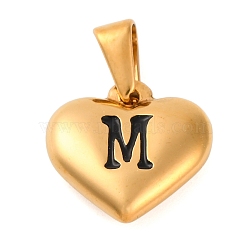 304 Stainless Steel Pendants, Heart with Black Letter, Golden, Letter M, 16x16x4.5mm, Hole: 7x3mm(STAS-P278-01M-G-1)