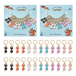 Cat Alloy Enamel Pendant Locking Stitch Markers, 304 Stainless Steel Leverback Earring Stitch Marker, Mixed Color, 3.7cm, 6 colors, 2pcs/color, 12pcs/set(HJEW-AB00103)