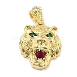 Brass Micro Pave Cubic Zirconia Pendants, Long-Lasting Plated, Real 18K Gold Plated, Lion, Colorful, 25.5x22x12mm, Hole: 4x7.5mm(KK-H433-35G)