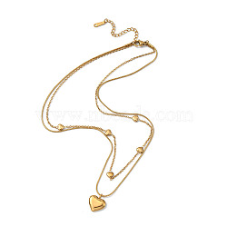 304 Stainless Steel Cable & Round Snake Chains Double Layer Necklace, with Heart Pendants, Golden, 14-7/8 inch(37.7cm)(NJEW-Z028-03G)