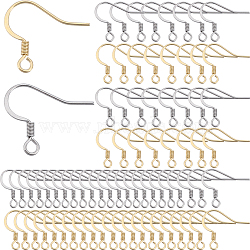 200Pcs 2 Styles 304 Stainless Steel French Hooks with Coil, Flat Earring Hooks, Ear Wire, with Horizontal Loop, Real Gold Plated & Stainless Steel Color, 14~15x17x2mm, Hole: 2mm, 21 Gauge, Pin: 0.7mm, 100Pcs/style(STAS-SC0006-78)