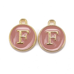 Golden Plated Alloy Enamel Charms, Cadmium Free & Lead Free, Enamelled Sequins, Flat Round with Letter, Pink, Letter.F, 14x12x2mm, Hole: 1.5mm(ENAM-S118-07F)