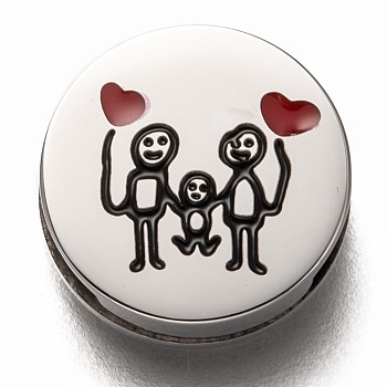 304 Stainless Steel Slide Charms, Enamel Style, Flat Round with Family, Stainless Steel Color, 12x3.5mm, Hole: 7x1.5mm