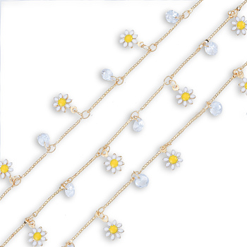 Handmade Crystal Rhinestone & Enamel Flower Charms Chains, with Golden Brass Bar Link Chains, Unwelded, with Spool, Nickel Free, Yellow, 4x2x0.5mm, about 16.40 Feet(5m)/Roll