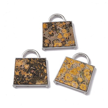 Natural Leopard Skin Jasper Pendants, Handbag Charms, with Rack Plating Platinum Tone Brass Findings, Cadmium Free & Lead Free, 34x29.5x3mm, Hole: 6x11mm