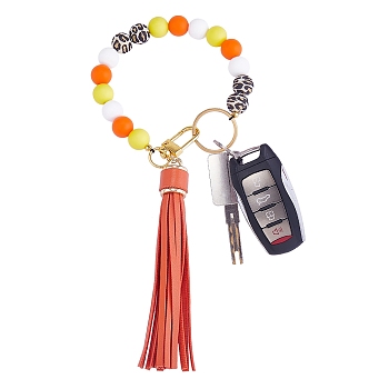 Silicone Round Beaded Keychain with Imitation Leather Tassel, with Alloy Swivel Clasps and 304 Stainless Steel Split Key Rings, Chocolate, 25cm