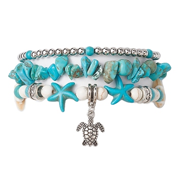 3Pcs 3 Style Synthetic Turquoise Chips & Starfish Beaded Stretch Bracelets Set, Stackable Bracelet with Alloy Turtle Charms, Inner Diameter: 2-1/8~2-1/2 inch(5.4~6.2cm), 1Pc/style