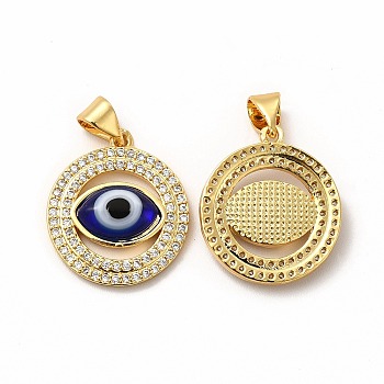 Rack Plating Real 18K Gold Plated Brass Micro Pave Clear Cubic Zirconia Pendants, with Handmade Lampwork, Cadmium Free & Lead Free, Long-Lasting, Flat Round with Evil Eye, Dark Blue, 20x17.5x3.5mm, Hole: 5.5x4mm