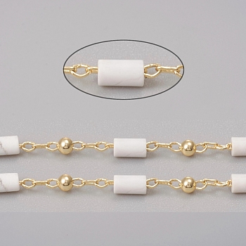 Handmade Natural Howlite Beaded Chains, Real 18K Gold Plated Plated Brass Chains, Soldered, with Spool, Long-Lasting Plated, 4~5x2~2.5mm, Beads: 2mm, Link: 2x1x0.2mm and 2x1.5x0.2mm, about 32.8 Feet(10m)/roll