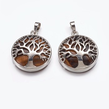 Natural Tiger Eye Pendants, with Brass Finding, Flat Round with Tree of Life, Platinum, 31x27x6mm, Hole: 5x8mm