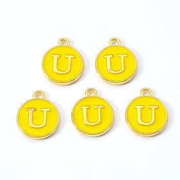 Golden Plated Alloy Enamel Charms, Enamelled Sequins, Flat Round with Letter, Gold, Letter.U, 14x12x2mm, Hole: 1.5mm
