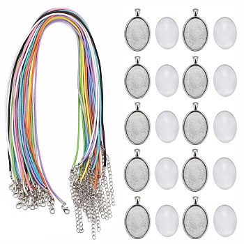 DIY 20pcs Transparent Clear Glass Thumbprint Oval Necklace Kits, for Father's Day, Including Waxed Cord Necklaces and Alloy Settings, Mixed Color, 17.8 inch~18 inch(45.5~46cm), 2mm