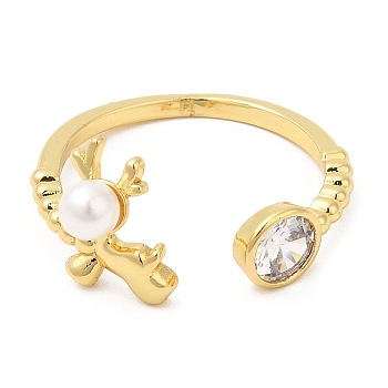 Plastic Pearl Christmas Deer Open Cuff Ring with Cubic Zirconia, Rack Plating Brass Ring, Cadmium Free & Lead Free, Real 18K Gold Plated, Inner Diameter: 18mm