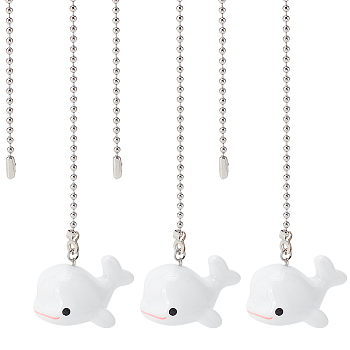 3Pcs Opaque Resin Ceiling Fan Pull Chain Extenders, with 304 Stainless Steel Ball Chain, Dolphin, White, 350mm