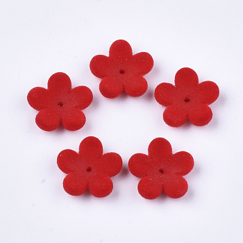 Flocky Acrylic Bead Caps, 5-Petal, Flower, Red, 17x18x5mm, Hole: 1mm