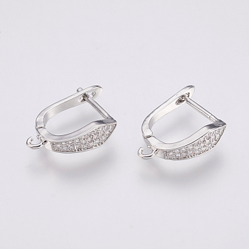 Brass Micro Pave Cubic Zirconia Hoop Earring Findings with Latch Back Closure, Clear, Platinum, 19x5x15mm, Hole: 1.5mm, Pin: 1.2mm