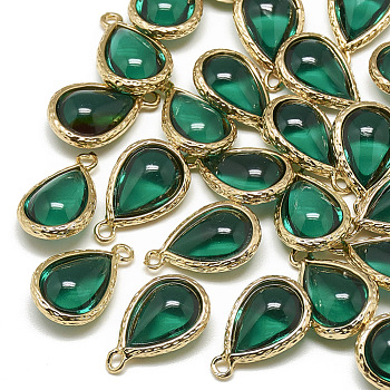 Glass Pendants, with Golden Tone Brass Findings, teardrop, Green, 18.5x12.5x7mm, Hole: 1.5mm
