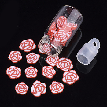 Handmade Polymer Clay Nail Art Decoration Accessories, with Glass Wishing Bottle and CCB Plastic Bottle Stopper, Flower, Red, 5~6x5~6x0.5~1mm
