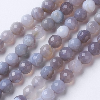 Natural Banded Agate Beads Strands, Dyed & Heated, Faceted, Grade A, Round, Silver, 8~8.5mm, Hole: 1.2mm, about 48pcs/strand, 15.1 inch(38.5cm)