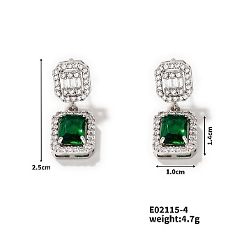 Elegant Square Copper Inlaid Zircon Women's Stud Earrings Fashionable Accessories, Platinum, Green, 25x10mm