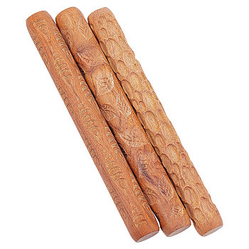 3Pcs 3 Style Wooden Handle Clay Texture Roller, Pottery Tools, Stone/Leaf/Fish Pattern, Mixed Patterns, 12x1.5cm, 1pc/style