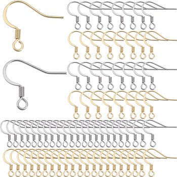 200Pcs 2 Styles 304 Stainless Steel French Hooks with Coil, Flat Earring Hooks, Ear Wire, with Horizontal Loop, Real Gold Plated & Stainless Steel Color, 14~15x17x2mm, Hole: 2mm, 21 Gauge, Pin: 0.7mm, 100Pcs/style