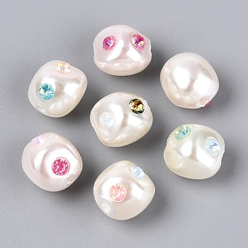 ABS Plastic Imitation Pearl Beads, Imitation Gemstone, Nuggets, with Rhinestone, Creamy White, 14~15x13x12.5mm, Hole: 2mm