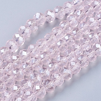 Glass Beads Strands, Pearl Luster Plated, Crystal Suncatcher, Faceted Rondelle, Pink, 8x6mm, Hole: 1mm, about 68~70pcs/strand, 15 inch