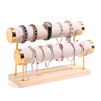 Velvet 2 T Bar Bracelet Display Rack, Jewelry Organizer Holder with Woode Base, for Bracelets Watch Storage, Linen, 29x10x18.5cm